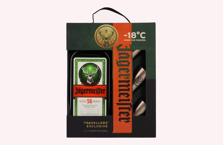 Jägermeister TRAVELLERS' EXCLUSIVE 35% Vol. 1l in Giftbox with 3 Metal Shot Cups