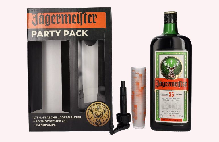Jägermeister Party Pack 35% Vol. 1,75l in Geschenkbox mit 20 Shotgläsern und Handpumpe