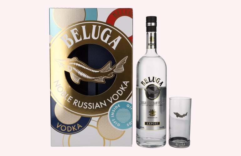 Beluga Noble Russian Vodka EXPORT 40% Vol. 1l in Geschenkbox mit 1 Rocking Glas