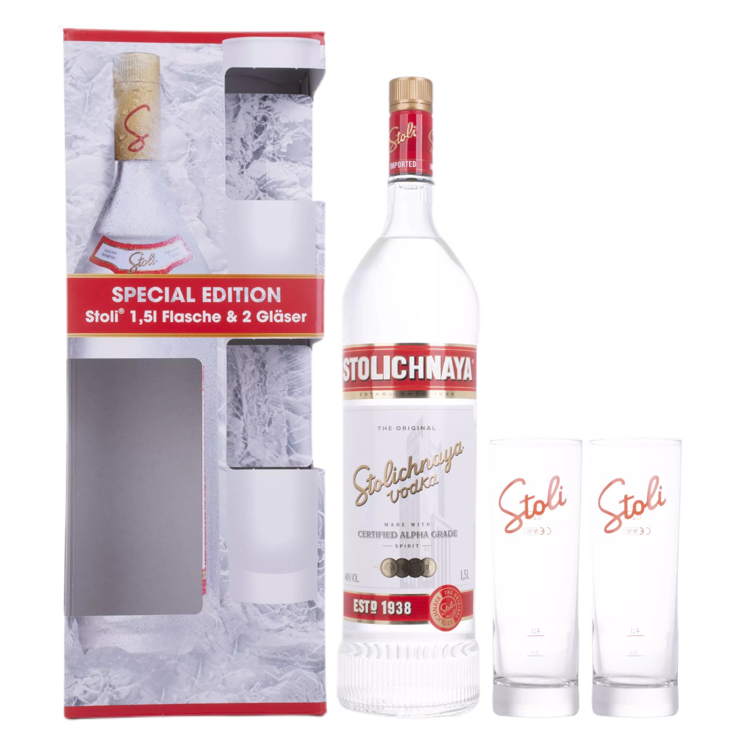 Stolichnaya Vodka Spi 40 Vol 1 5l In Geschenkbox Mit Zwei Glasern